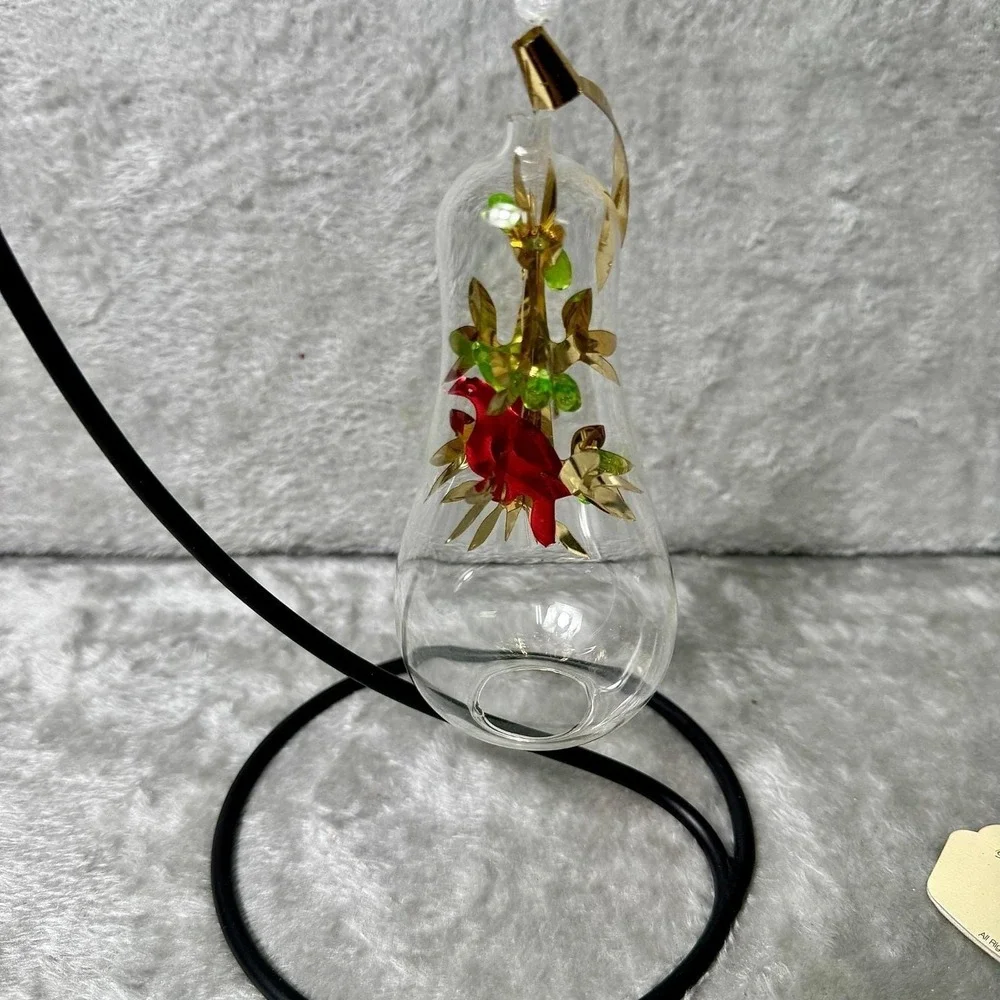 Vintage Blown Glass Teardrop Ornament Red Bird Wire Angels Gold Foil‎ Leaves MCM